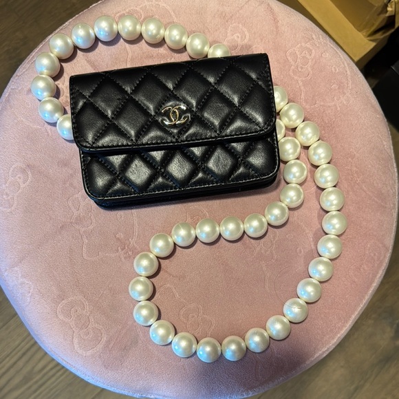 Chanel Black Quilted Leather Bag with Pearl Strap - Picture 1 of 1